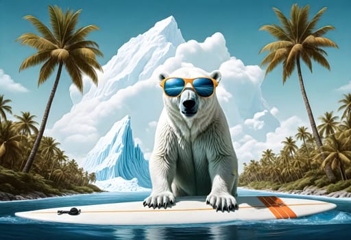 AI generated of a polar bear with goggles on and a surfboard in the water