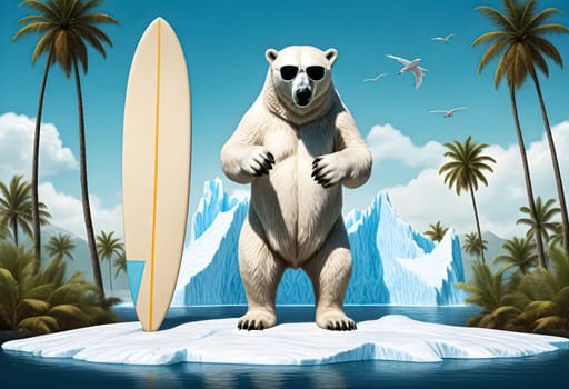 AI generated of a polar bear standing on a piece of ice with a surfboard in the background