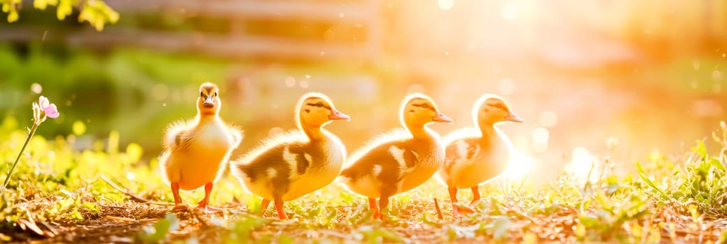 A group of four ducks walks through a grassy field.