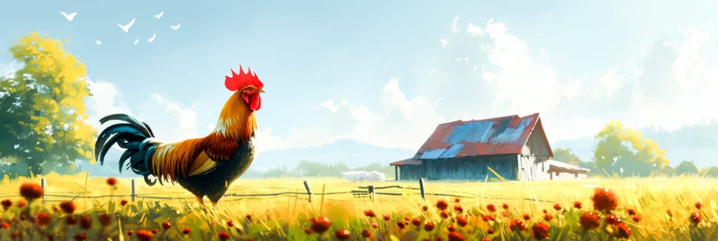 A rooster is standing in a field with some flowers