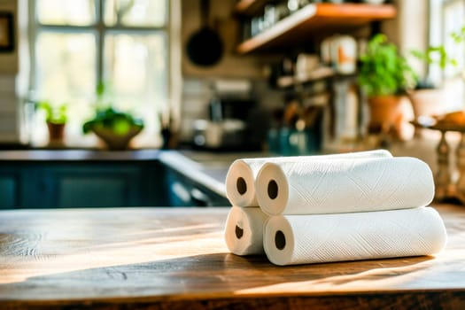 Three rolls of paper towels on a wooden rack