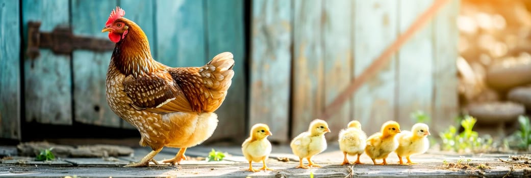 A hen walks with a group of small chickens on the ground
