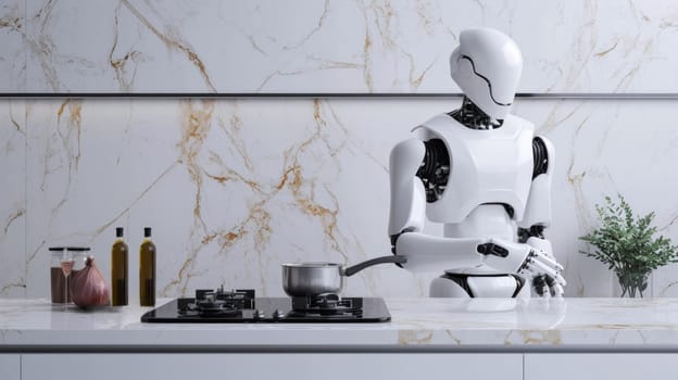 Robot cooking in kitchen with oven and stove
