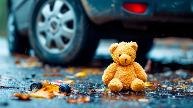 A toy bear sits on the ground next to a toy car. Road Safety , Life Insurance