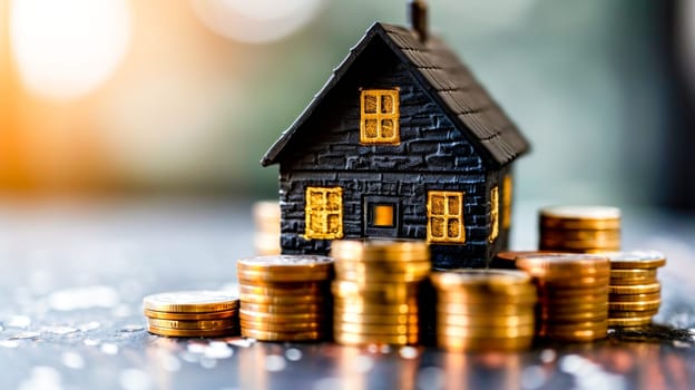 A small house standing on top of a pile of coins,insurance or home buying concept