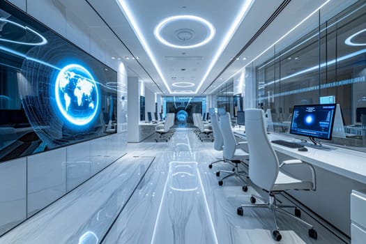 Long white corridor with computers and monitors on the walls