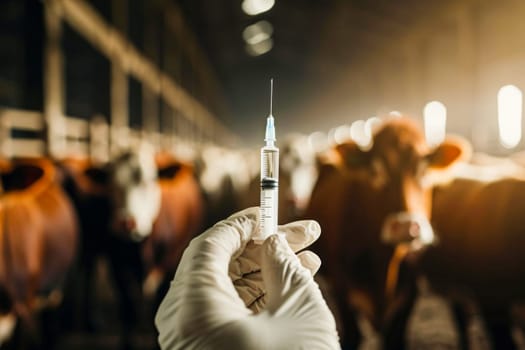 A person holding a syringe in front of cows