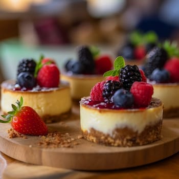A close up of a wooden board topped with small cakes