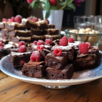 Plate of cakes and raspberries on the table with other desserts