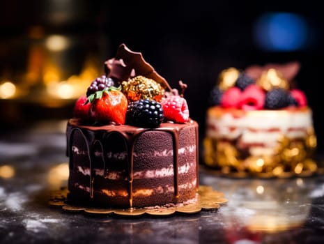 Two cakes with chocolate and berries on the table