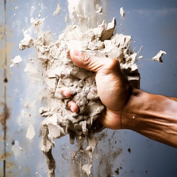 A man's hand holding a brick and breaking it into pieces