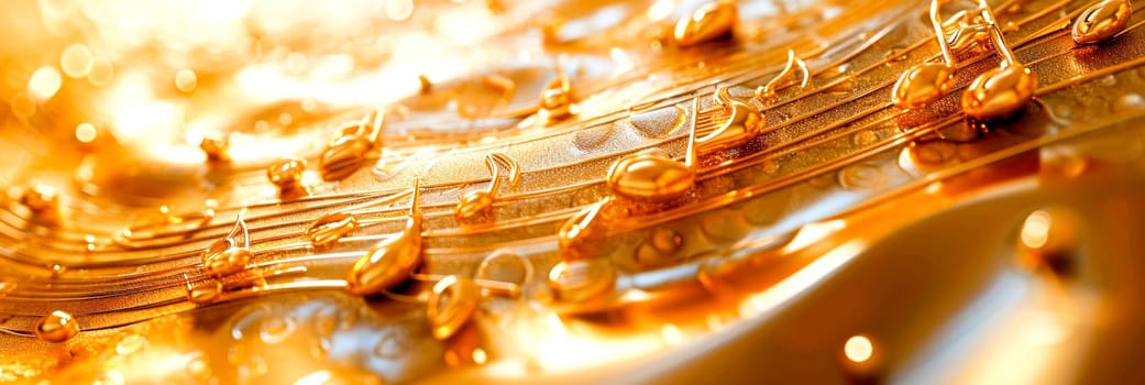 A close up of a golden background with musical notes and gold