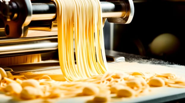 The machine makes noodles on the table with pasta.