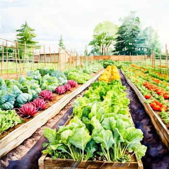 Painting depicting a vegetable garden with different types of vegetables