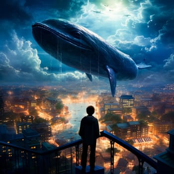 A man looks at a whale in the sky from a hill.