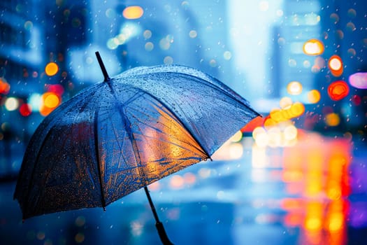 Close-up of umbrella in the rain on city street