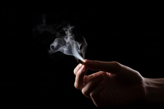 A man holds a cigarette in his hand, from which smoke comes out
