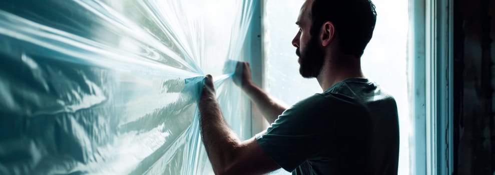 A man holding a roll of plastic wrap in front of him