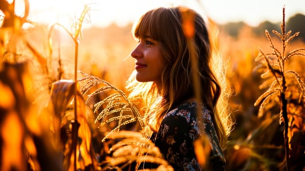 A woman stands in a field with tall grass on which the sun is shining., AI