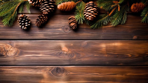 Wooden background with pine cones and evergreen tree branch.copy space