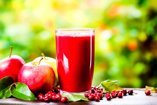A glass of a red juice with apples and leaves on the table, AI