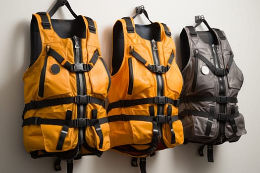 Three life jackets hanging on a wall with zippers attached, AI