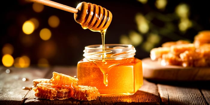 A jar of honey with a wooden stick being drizzled on it, AI