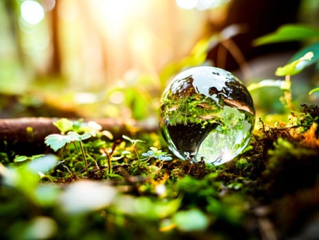 Glass ball lying on the forest floor, AI