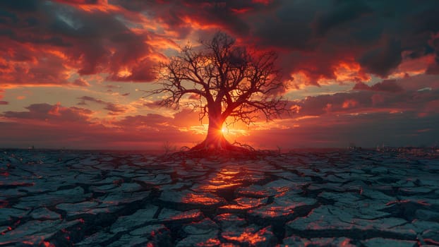 The land is parched and cracked under the setting sun. Dead tree stand in front of red sky. It is a symbol of drought, hopelessness, change or as an illustration of an article about the environment.