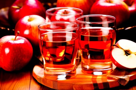 Three glasses of apple juice stand on a wooden cutting board.