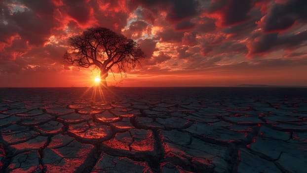The land is parched and cracked under the setting sun. Dead tree stand in front of red sky. It is a symbol of drought, hopelessness, change or as an illustration of an article about the environment.