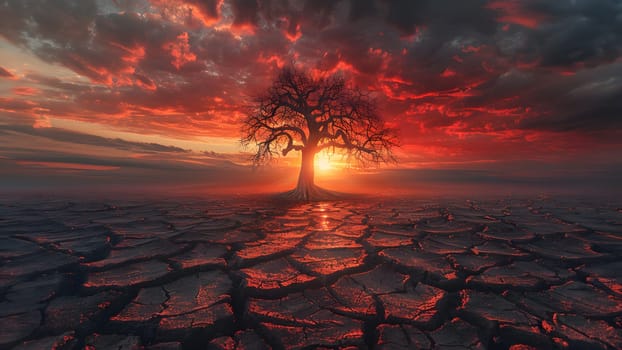The land is parched and cracked under the setting sun. Dead tree stand in front of red sky. It is a symbol of drought, hopelessness, change or as an illustration of an article about the environment.