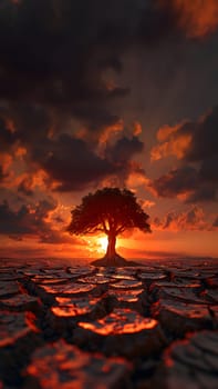 The land is parched and cracked under the setting sun. Dead tree stand in front of red sky. It is a symbol of drought, hopelessness, change or as an illustration of an article about the environment.