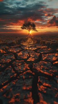 The land is parched and cracked under the setting sun. Dead tree stand in front of red sky. It is a symbol of drought, hopelessness, change or as an illustration of an article about the environment.