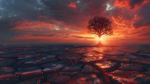 The land is parched and cracked under the setting sun. Dead tree stand in front of red sky. It is a symbol of drought, hopelessness, change or as an illustration of an article about the environment.