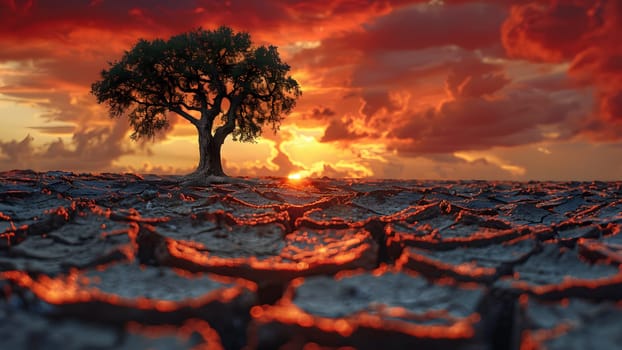 The land is parched and cracked under the setting sun. Dead tree stand in front of red sky. It is a symbol of drought, hopelessness, change or as an illustration of an article about the environment.