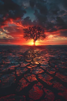 The land is parched and cracked under the setting sun. Dead tree stand in front of red sky. It is a symbol of drought, hopelessness, change or as an illustration of an article about the environment.