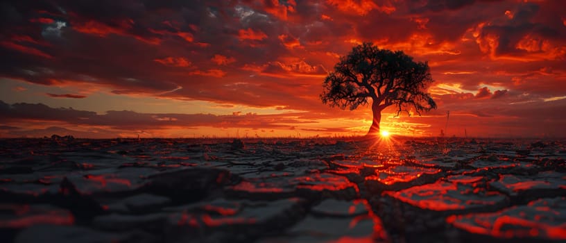 The land is parched and cracked under the setting sun. Dead tree stand in front of red sky. It is a symbol of drought, hopelessness, change or as an illustration of an article about the environment.