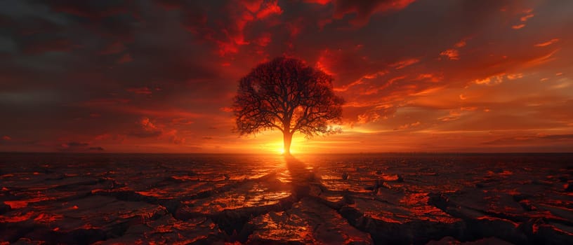 The land is parched and cracked under the setting sun. Dead tree stand in front of red sky. It is a symbol of drought, hopelessness, change or as an illustration of an article about the environment.
