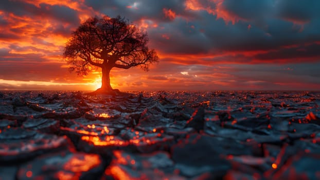 The land is parched and cracked under the setting sun. Dead tree stand in front of red sky. It is a symbol of drought, hopelessness, change or as an illustration of an article about the environment.