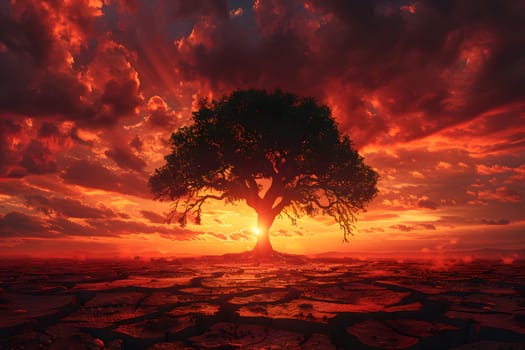 The land is parched and cracked under the setting sun. Dead tree stand in front of red sky. It is a symbol of drought, hopelessness, change or as an illustration of an article about the environment.