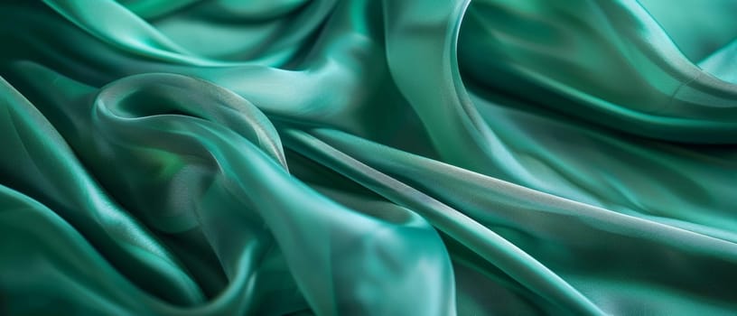 Smooth emerald green satin fabric draped in languorous waves, emphasizing the sleek and sumptuous look of the high-quality textile
