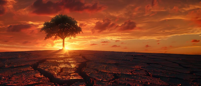 The land is parched and cracked under the setting sun. Dead tree stand in front of red sky. It is a symbol of drought, hopelessness, change or as an illustration of an article about the environment.