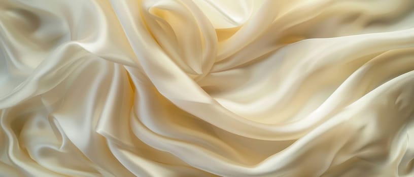 Up-close view of luxuriant cream satin drapes with sensuous folds and curves accentuating the rich sheen of the fabric