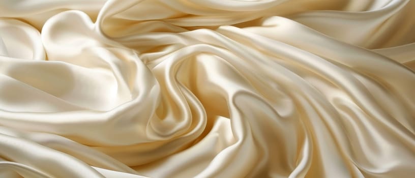Up-close view of luxuriant cream satin drapes with sensuous folds and curves accentuating the rich sheen of the fabric
