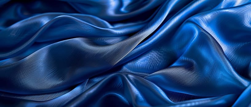 Rippling azure blue satin draped in fluid waves, the light playing across the lustrous folds of the vibrant fabric