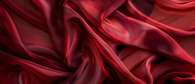 Luxurious burgundy satin fabric flows in soft waves and elegant folds, showcasing the rich texture and warm tones of the material