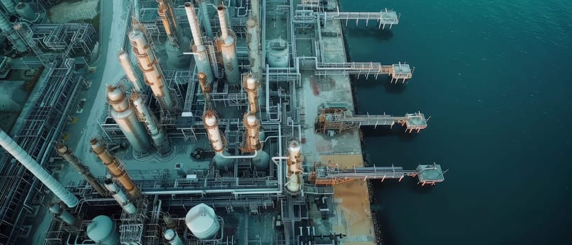 Drone view of an oil refinery along the coastline during dusk, highlighting its vast network of pipes and towers