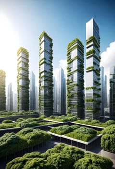 AI generated of an urban city with tall buildings covered in green trees