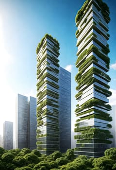 AI generated of a green building with green plants on the bottom